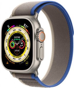 ساعة ذكية Apple Watch Ultra مقاس 49 مم GPS + Cellular لون الساعة هيكل من التيتانيوم لون الحزام أزرق / رمادي Trail Loop
