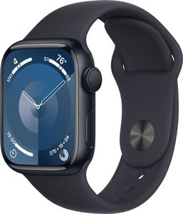 ساعة Apple Watch Series 9 الذكية بهيكل من الألومنيوم مقاس 41 مم وسوار رياضي مطاطي ونظام تحديد المواقع العالمي (GPS)